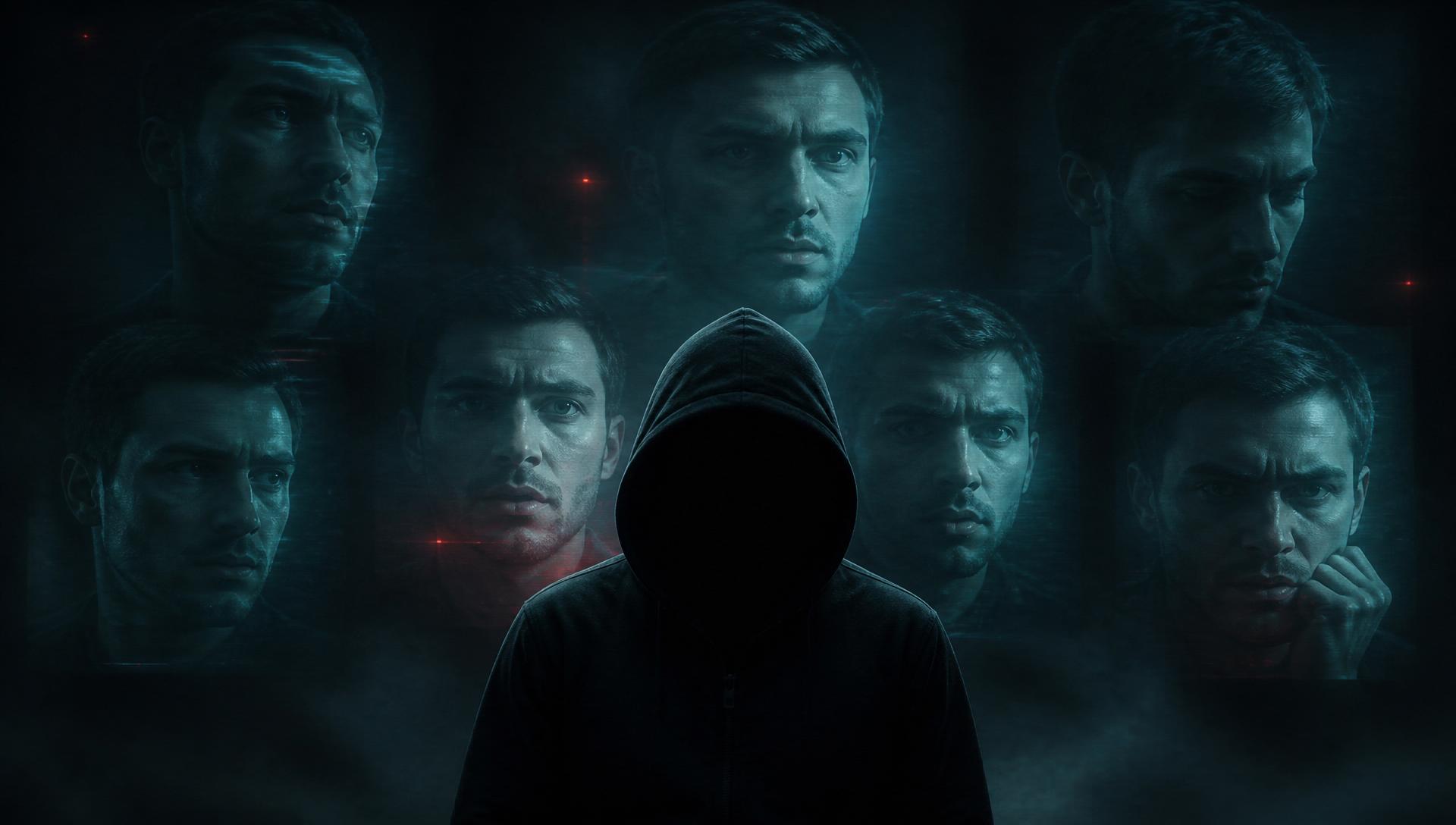Shadow figure with holographic duplicate faces